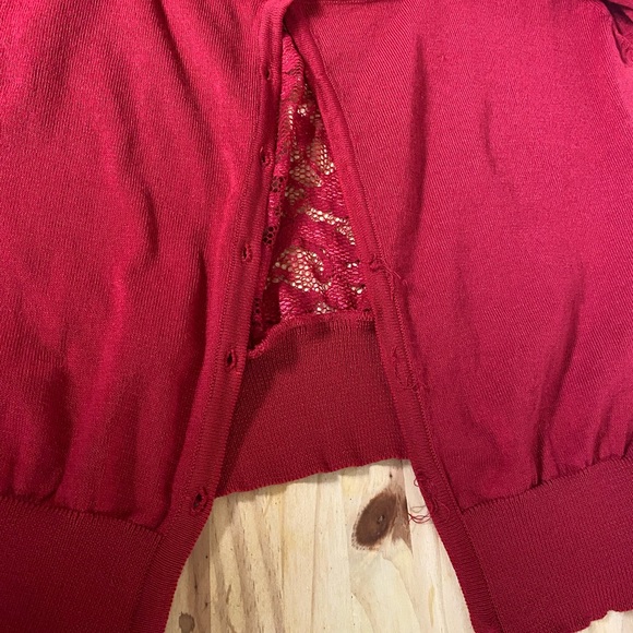 Wet Seal Red cardigan with lace back and top faux diamond / crystal button. - Picture 6 of 8